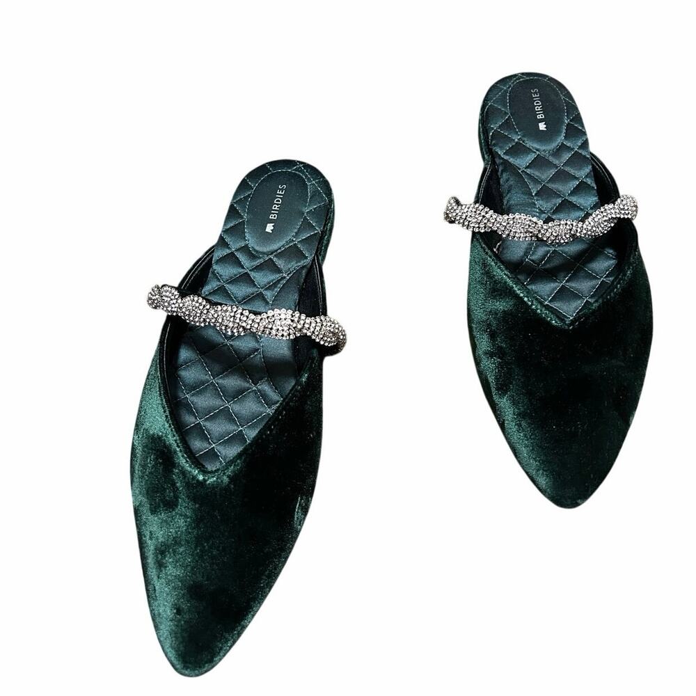Birdies “the Swan” emerald green velvet and rhinestone strapped slides sz 9 - Picture 1 of 6